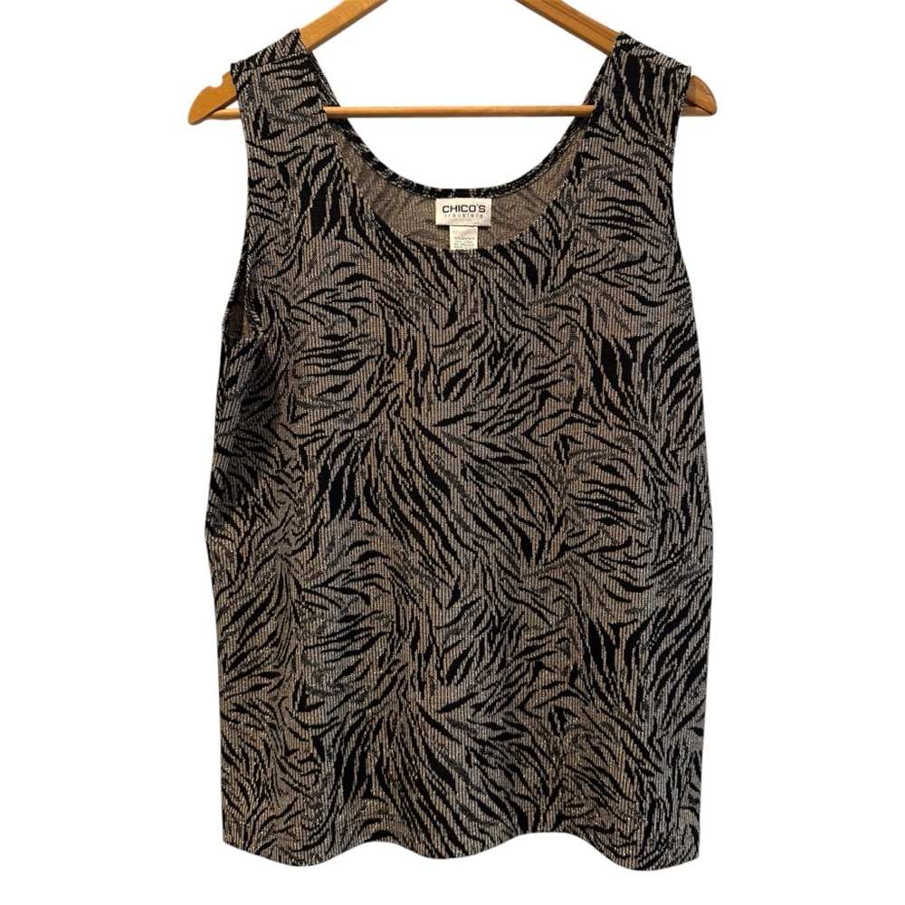 Chico’s Travelers Slinky Tank Top Date Night Zebra Print Black Gold Size 2/12